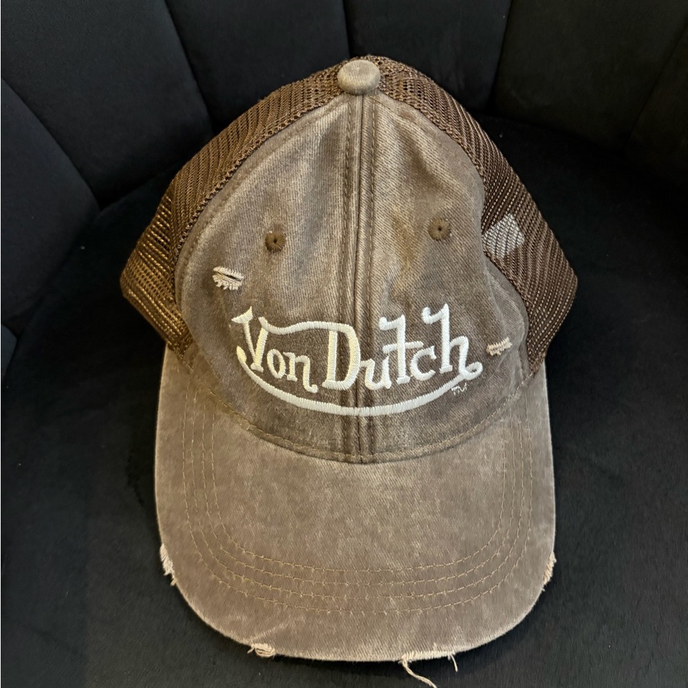 Von Dutch Distressed Brown Trucker Cap with White Logo
